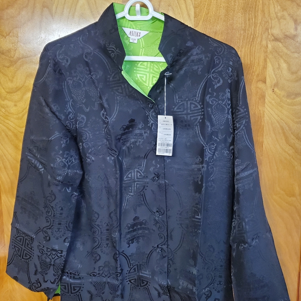 Chinese Asilk Silk Blouse Size 40 165/88a Chinese Collar Black Green Authentic